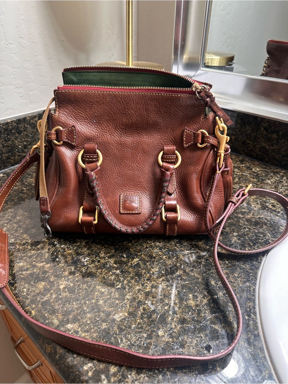 Dooney & Bourke Brown Pebbled Leather Shoulder Bag with Green Lining